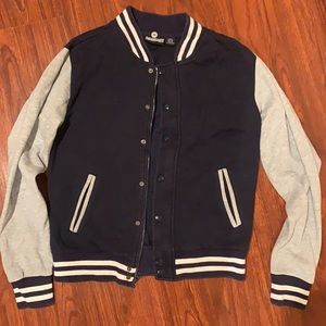 Varsity jacket, long sleeve, sweater, blue and grey